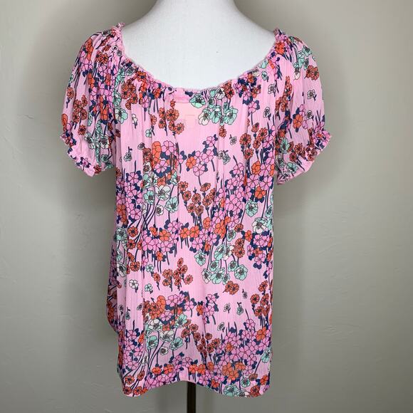 ModCloth Pink Floral Sheer Chiffon Blouse Sz Large Off Shoulder - Picture 2 of 8